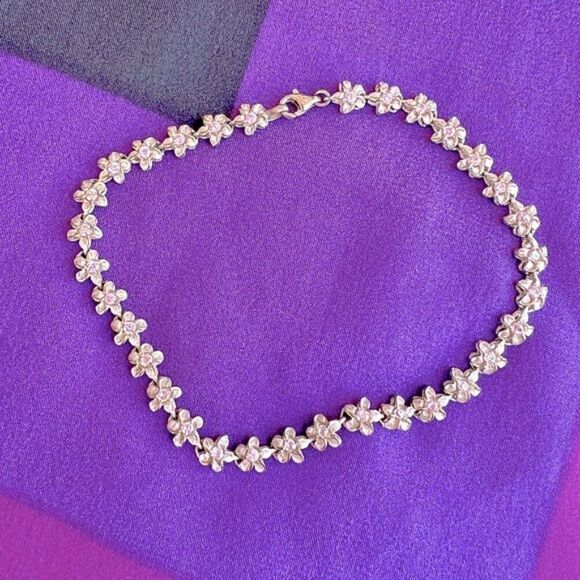 Vintage Solid Sterling & Pink Topaz Flower Bracelet/Anklet ~9.5” - Picture 10 of 10